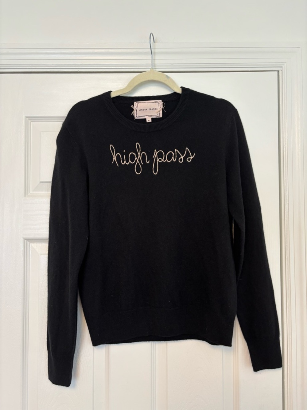 Lingua Franca High Pass Cashmere Sweater Medium Black Embroidered Crewneck